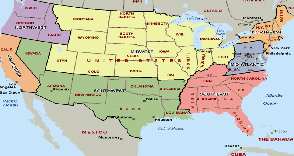 Regions of the United States outlined on a map.