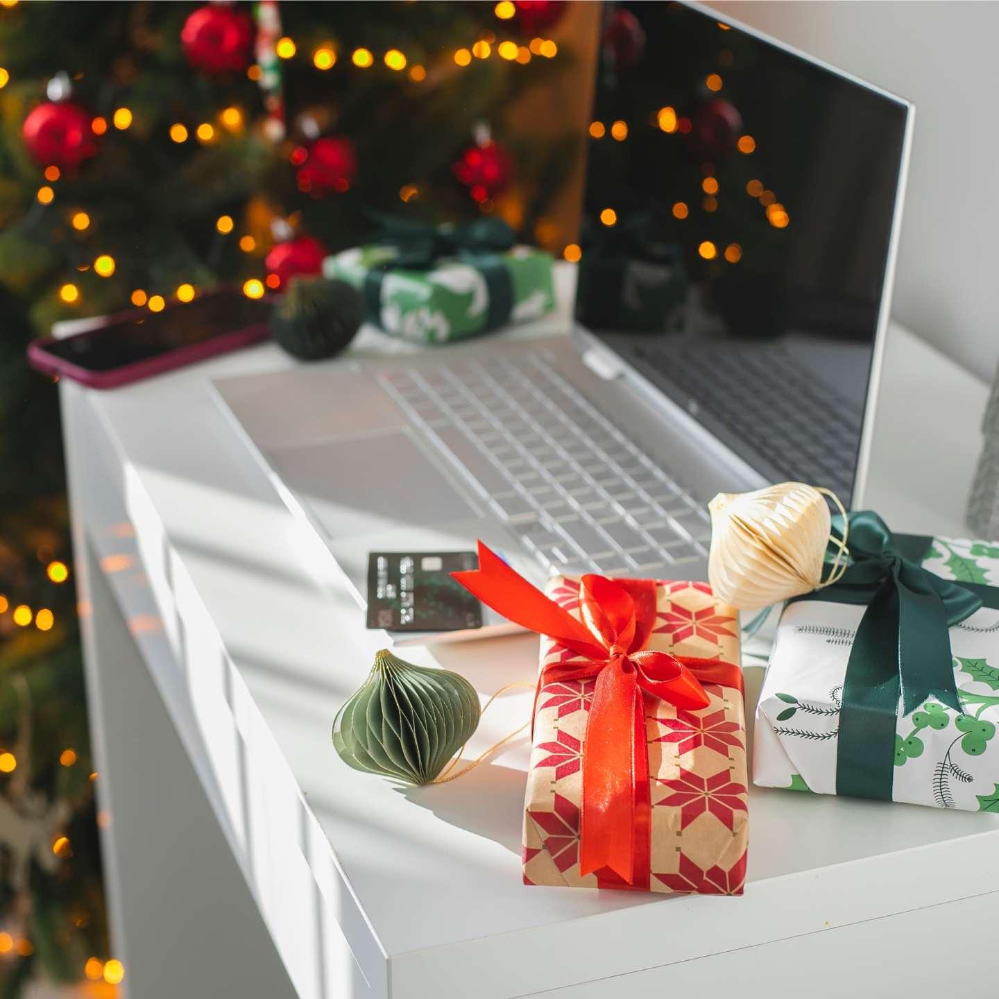 A laptop and presents.