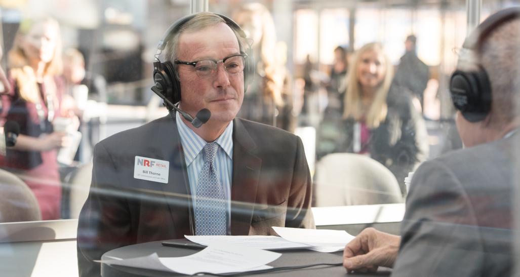 NRF's Bill Thorne records a podcast episode at Retail's Big Show