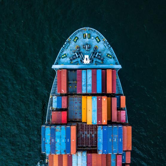 Cargo ships on a body of water are shown